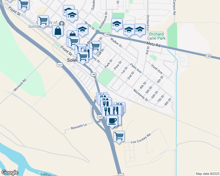 map of restaurants, bars, coffee shops, grocery stores, and more near 1202 Carillo Place in Soledad