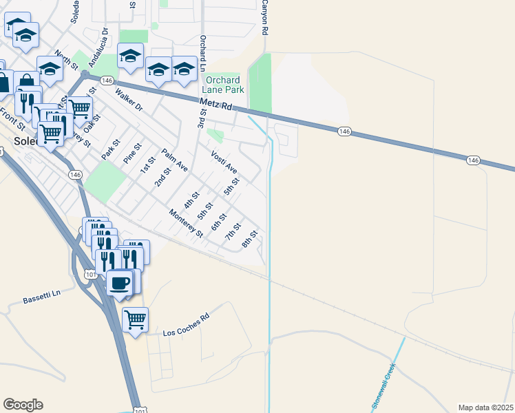 map of restaurants, bars, coffee shops, grocery stores, and more near 1794 Vosti Avenue in Soledad