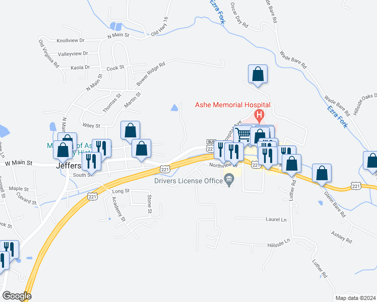 map of restaurants, bars, coffee shops, grocery stores, and more near 612 East Main Street in Jefferson