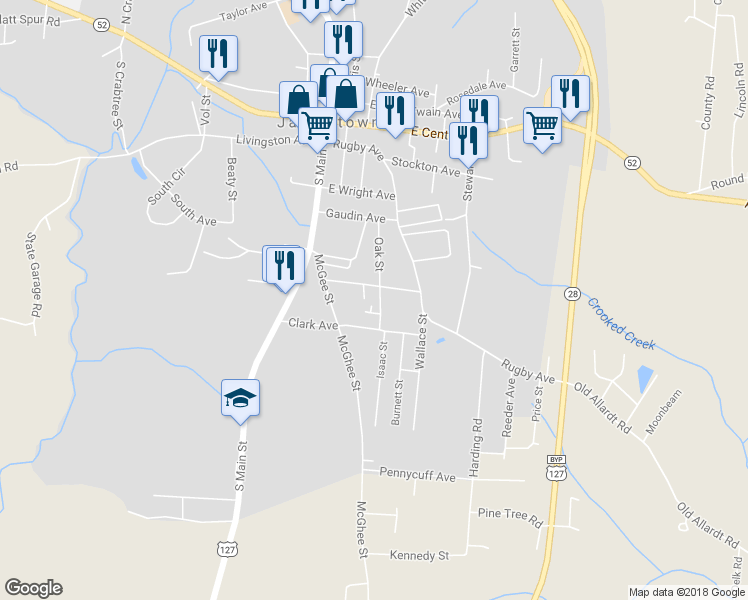 map of restaurants, bars, coffee shops, grocery stores, and more near 401 Oak St in Jamestown