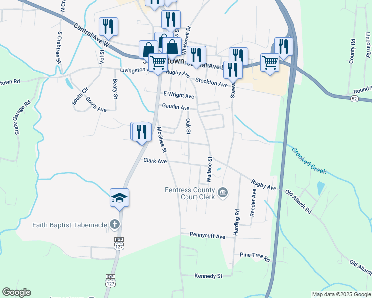 map of restaurants, bars, coffee shops, grocery stores, and more near 401 Oak Street in Jamestown