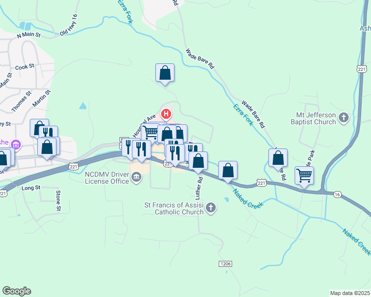 map of restaurants, bars, coffee shops, grocery stores, and more near 807 East Main Street in Jefferson