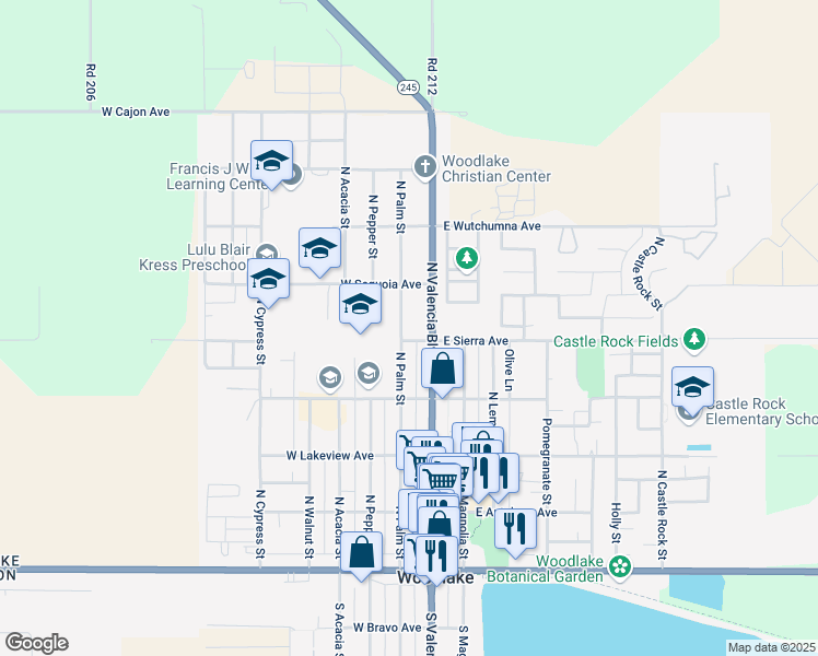 map of restaurants, bars, coffee shops, grocery stores, and more near 504 North Palm Street in Woodlake