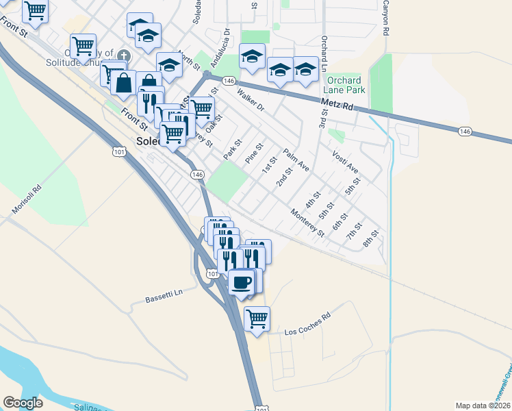 map of restaurants, bars, coffee shops, grocery stores, and more near 1242 Serrano Place in Soledad