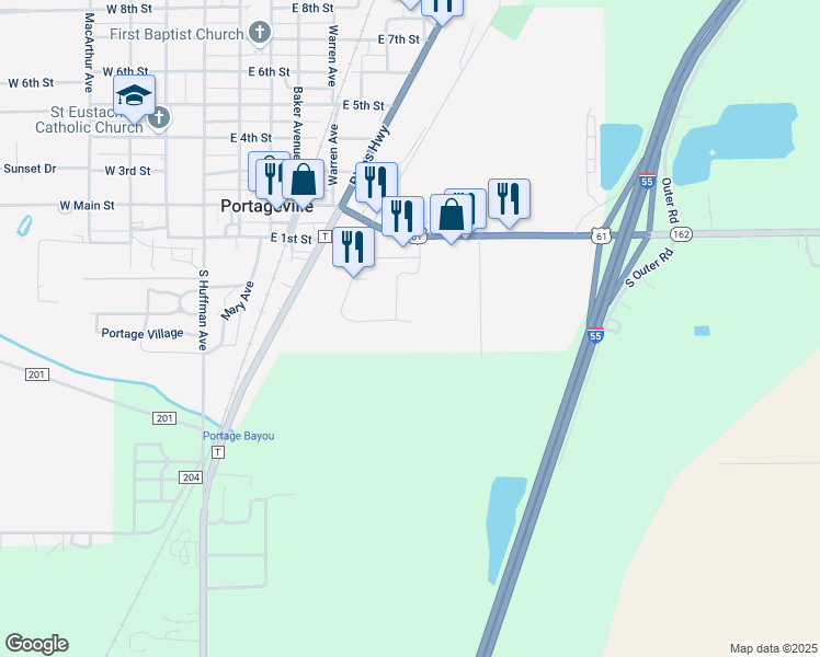 map of restaurants, bars, coffee shops, grocery stores, and more near 312 Haynes Drive in Portageville