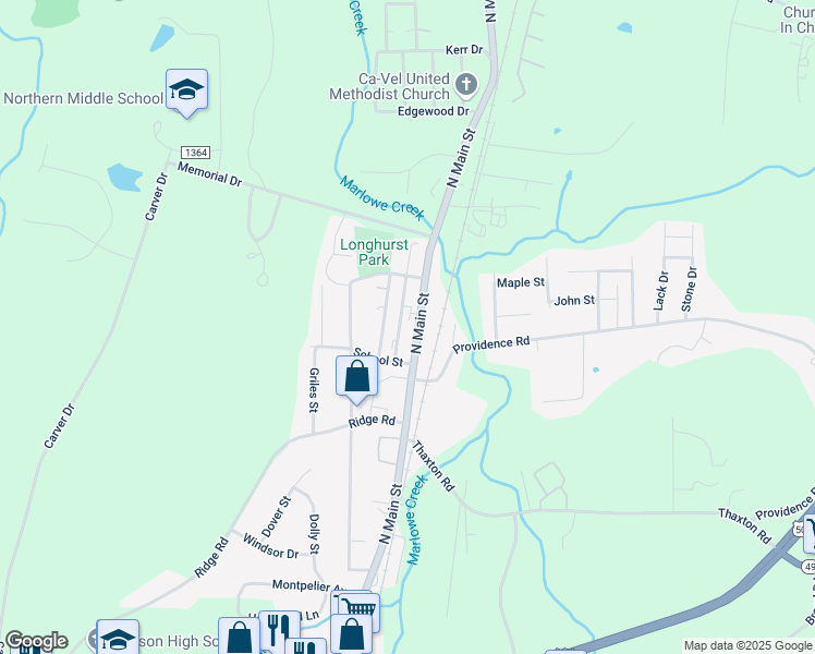 map of restaurants, bars, coffee shops, grocery stores, and more near 1421 North Main Street in Roxboro