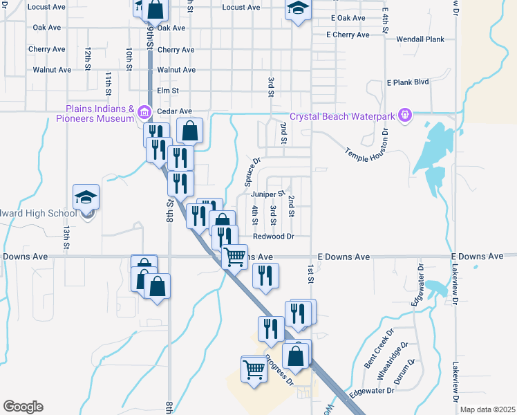 map of restaurants, bars, coffee shops, grocery stores, and more near 2522 4th Street in Woodward