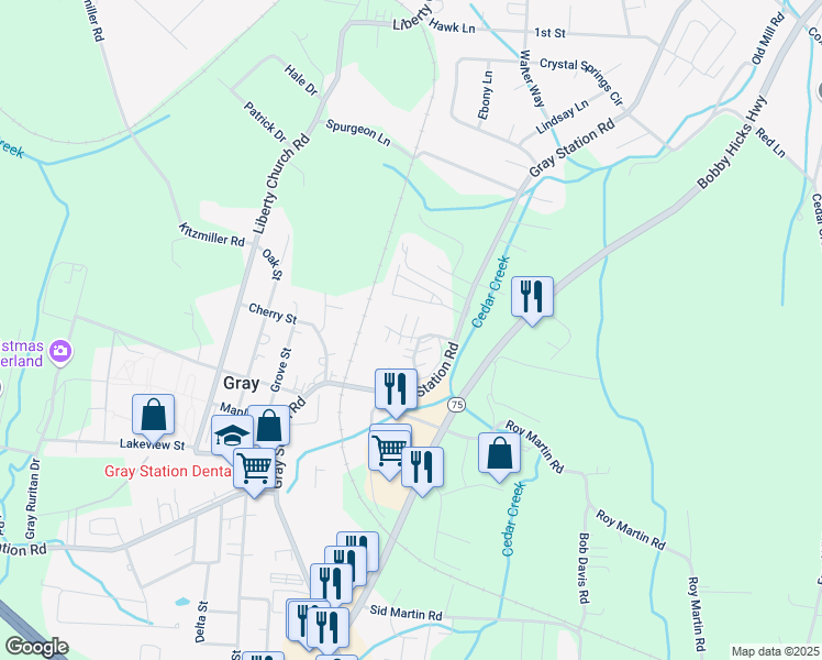 map of restaurants, bars, coffee shops, grocery stores, and more near 202 Stratford Court in Gray