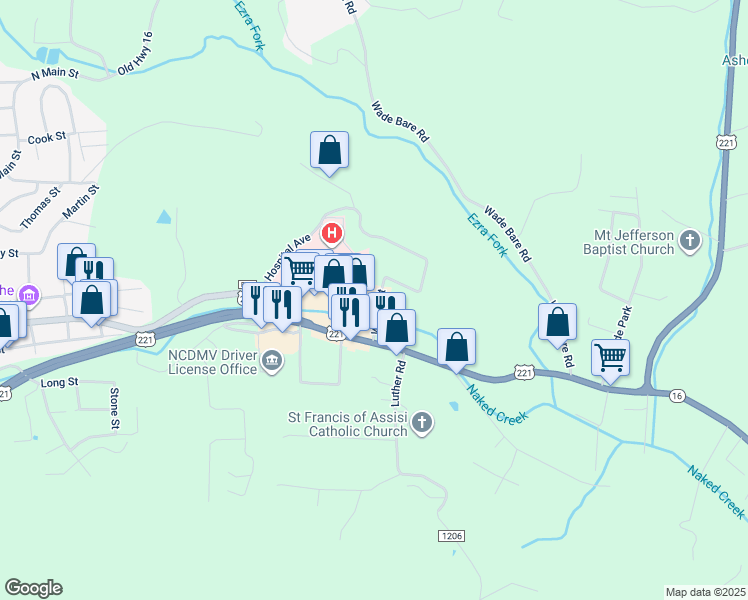 map of restaurants, bars, coffee shops, grocery stores, and more near 807 East Main Street in Jefferson