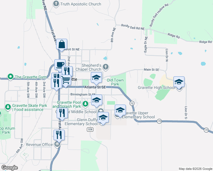 map of restaurants, bars, coffee shops, grocery stores, and more near 608 Atlanta Street Southeast in Gravette