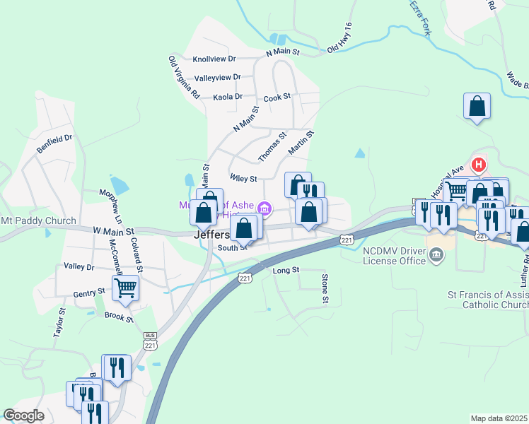 map of restaurants, bars, coffee shops, grocery stores, and more near 100 Court Street in Jefferson