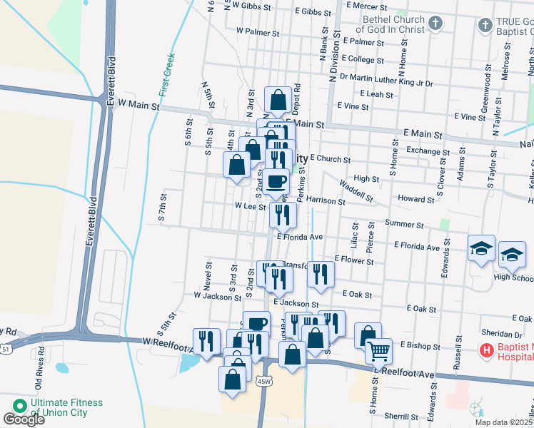 map of restaurants, bars, coffee shops, grocery stores, and more near 611 South 1st Street in Union City