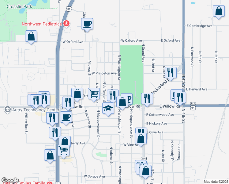 map of restaurants, bars, coffee shops, grocery stores, and more near 2509 North Adams Street in Enid