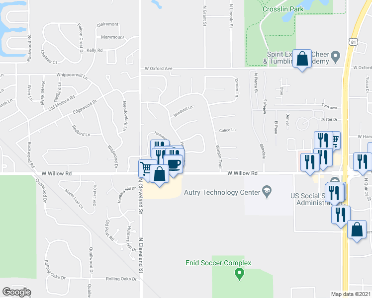 map of restaurants, bars, coffee shops, grocery stores, and more near 2002 Lantern Lane in Enid