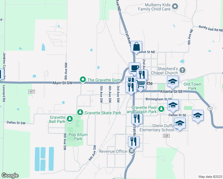 map of restaurants, bars, coffee shops, grocery stores, and more near 108 4th Avenue Southwest in Gravette