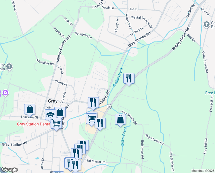 map of restaurants, bars, coffee shops, grocery stores, and more near 595 Gray Station Road in Gray