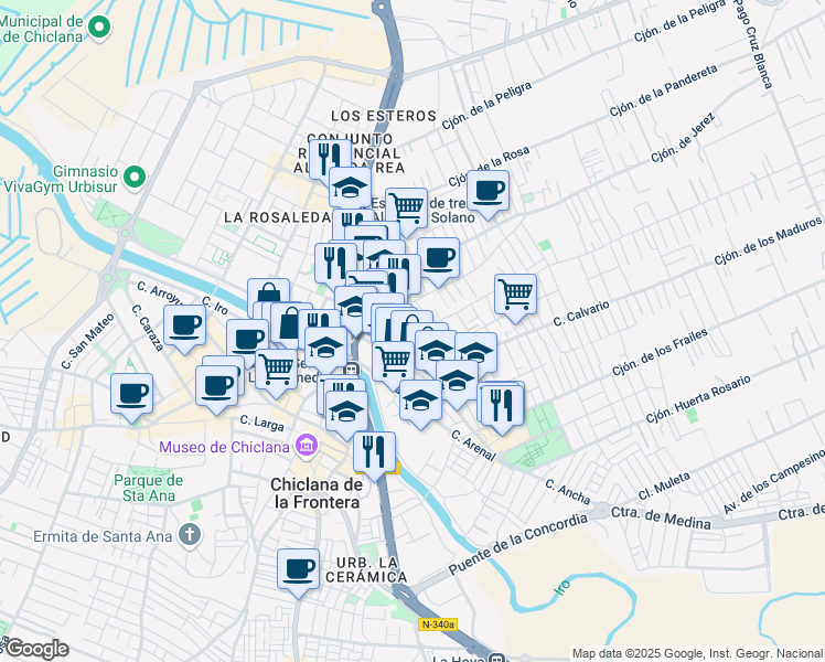 map of restaurants, bars, coffee shops, grocery stores, and more near 1 Calle Olivo in Chiclana de la Frontera