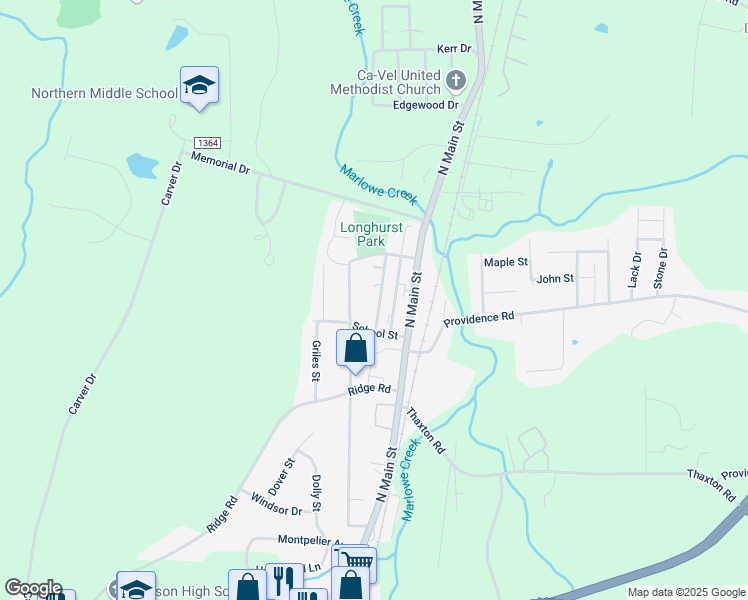 map of restaurants, bars, coffee shops, grocery stores, and more near 1419 Beacon Street in Roxboro