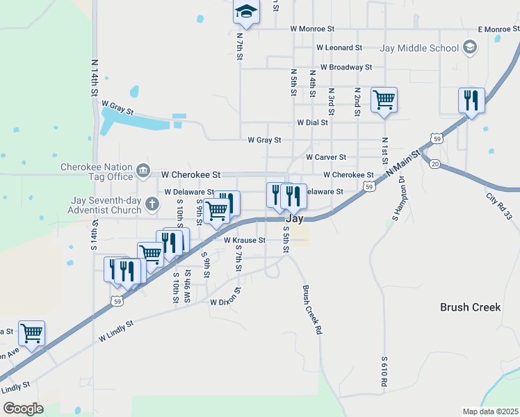 map of restaurants, bars, coffee shops, grocery stores, and more near 583 South Main Street in Jay