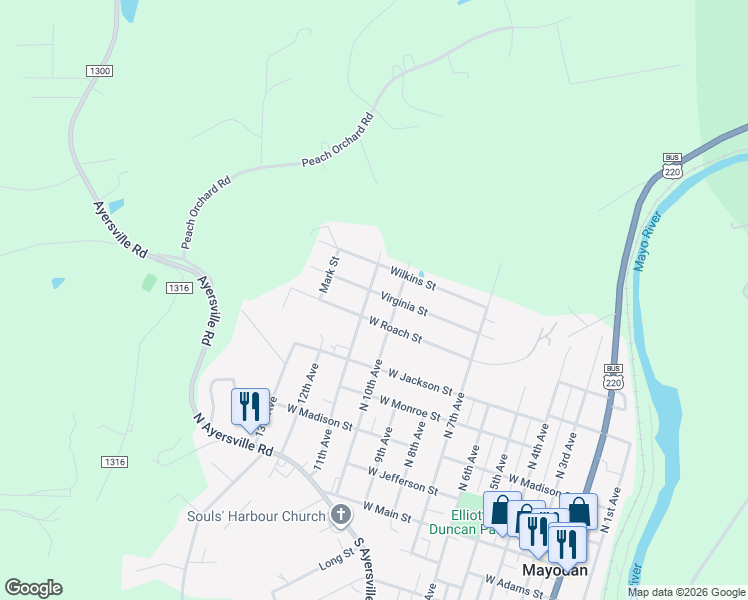 map of restaurants, bars, coffee shops, grocery stores, and more near 604 North 10th Avenue in Mayodan