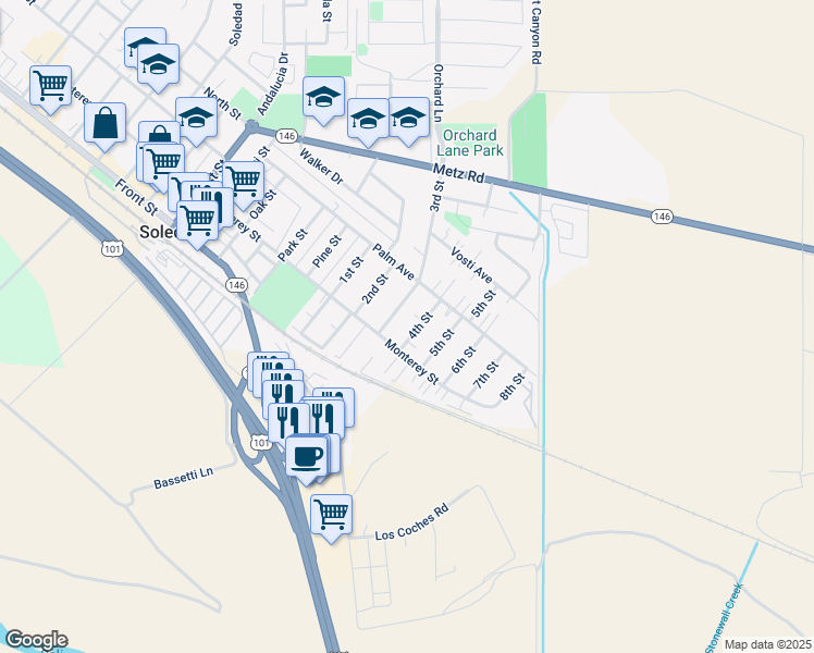 map of restaurants, bars, coffee shops, grocery stores, and more near 255 4th Street in Soledad