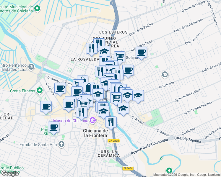map of restaurants, bars, coffee shops, grocery stores, and more near 0 Calle de Sor Angela de la Cruz in Chiclana de la Frontera