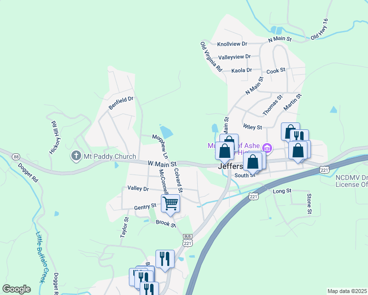map of restaurants, bars, coffee shops, grocery stores, and more near 222 West Main Street in Jefferson