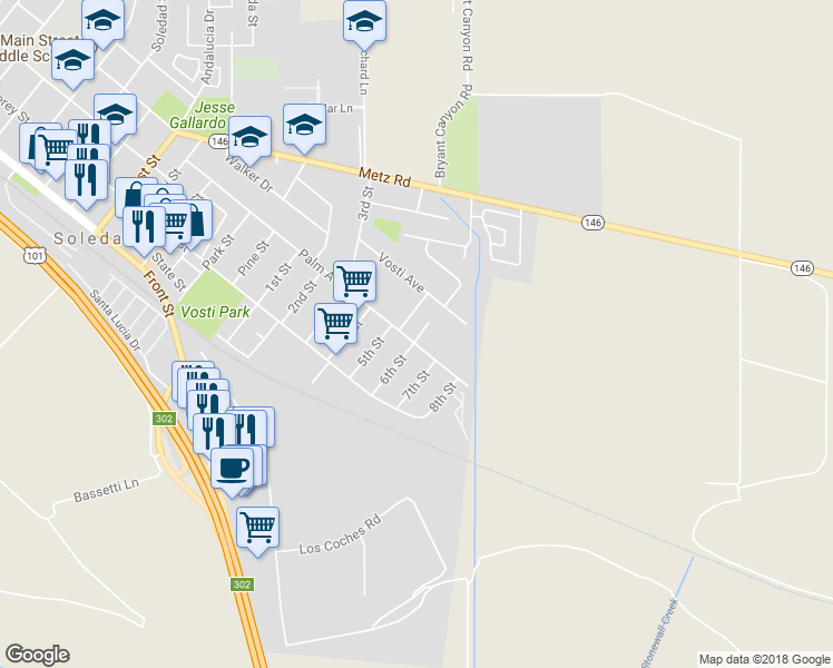 map of restaurants, bars, coffee shops, grocery stores, and more near 1735 Palm Avenue in Soledad