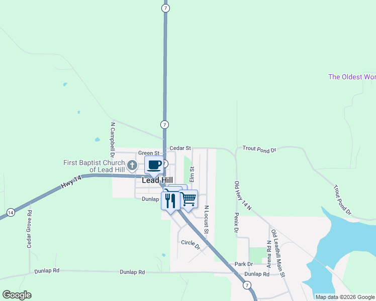 map of restaurants, bars, coffee shops, grocery stores, and more near 14623 Arena Road North in Lead Hill