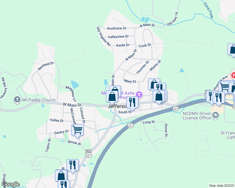 map of restaurants, bars, coffee shops, grocery stores, and more near 210 North Main Street in Jefferson