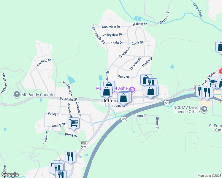 map of restaurants, bars, coffee shops, grocery stores, and more near 210 North Main Street in Jefferson