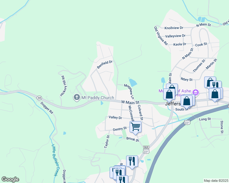 map of restaurants, bars, coffee shops, grocery stores, and more near 107 Northwest Drive in Jefferson