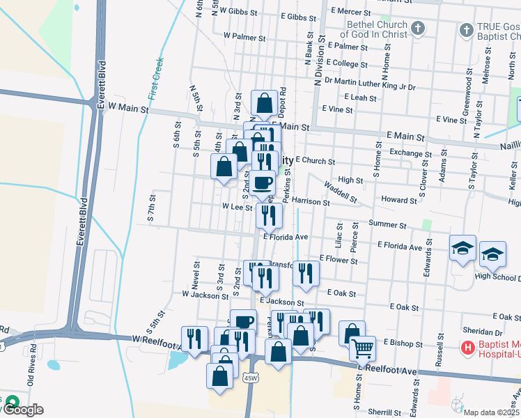 map of restaurants, bars, coffee shops, grocery stores, and more near 611 South 1st Street in Union City