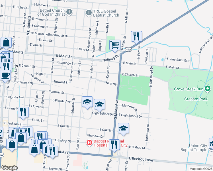 map of restaurants, bars, coffee shops, grocery stores, and more near 1417 High Street in Union City