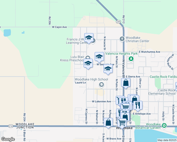 map of restaurants, bars, coffee shops, grocery stores, and more near 400 West Whitney Avenue in Woodlake
