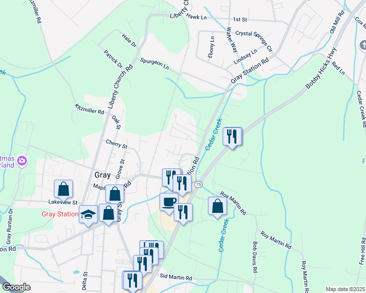 map of restaurants, bars, coffee shops, grocery stores, and more near 202 Stratford Court in Gray