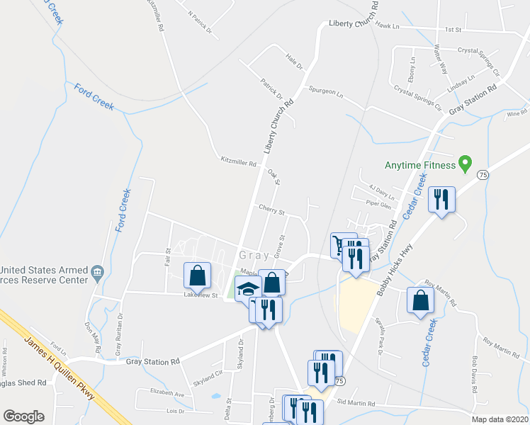 map of restaurants, bars, coffee shops, grocery stores, and more near 2331 Oak Street in Johnson City