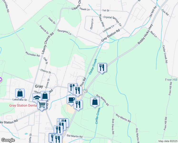 map of restaurants, bars, coffee shops, grocery stores, and more near 568 Gray Station Road in Gray