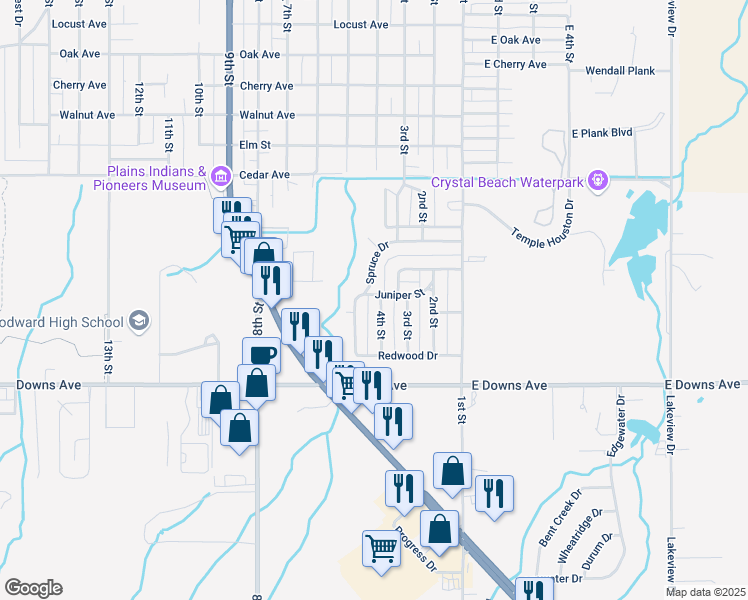 map of restaurants, bars, coffee shops, grocery stores, and more near 2522 4th Street in Woodward