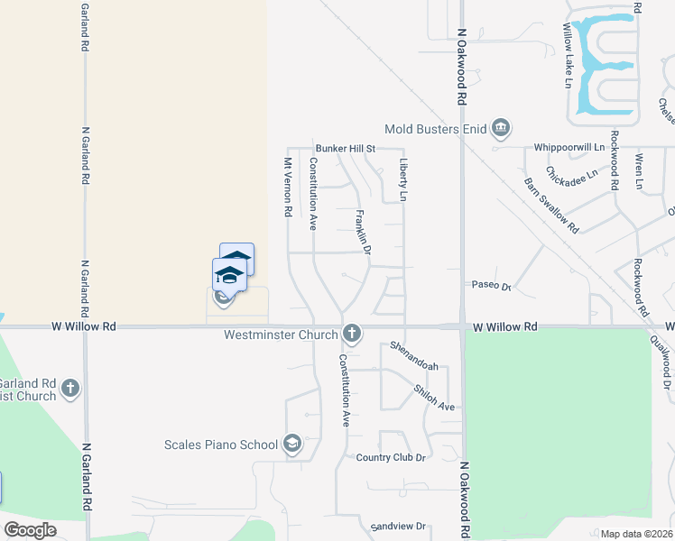 map of restaurants, bars, coffee shops, grocery stores, and more near 4219 Patrick Henry Place in Enid