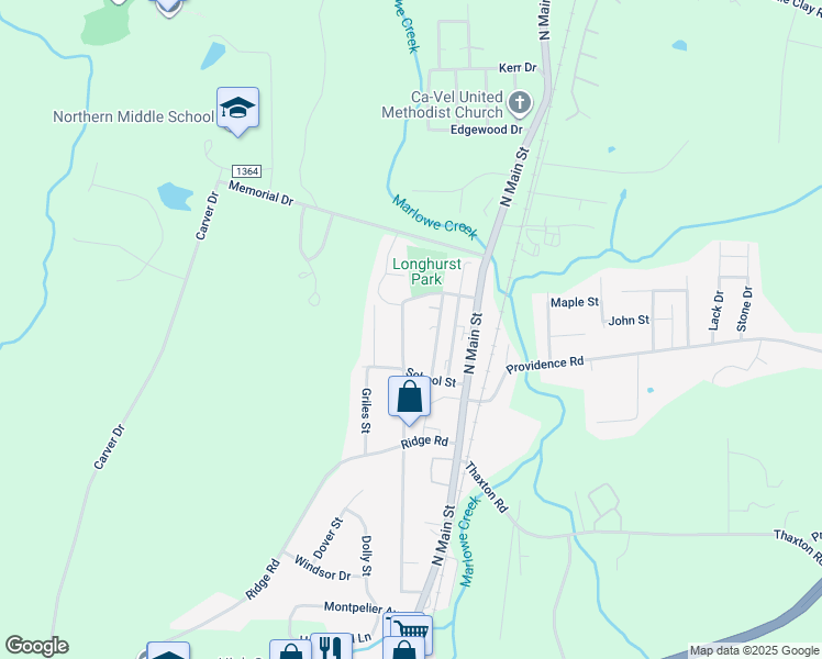 map of restaurants, bars, coffee shops, grocery stores, and more near 1420 Pointer Street in Roxboro