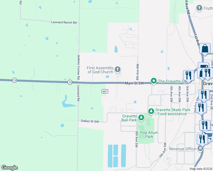 map of restaurants, bars, coffee shops, grocery stores, and more near 103 Sunset Drive Southwest in Gravette