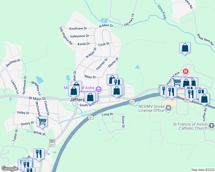 map of restaurants, bars, coffee shops, grocery stores, and more near 325 Court Street in Jefferson