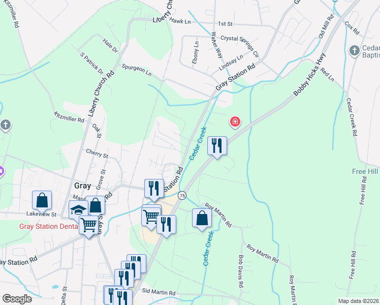 map of restaurants, bars, coffee shops, grocery stores, and more near 568 Gray Station Road in Gray