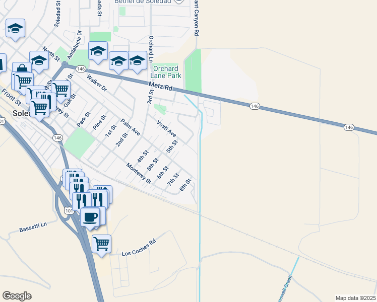 map of restaurants, bars, coffee shops, grocery stores, and more near 1794 Vosti Avenue in Soledad