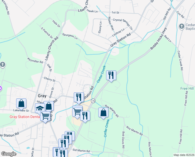 map of restaurants, bars, coffee shops, grocery stores, and more near 568 Gray Station Road in Gray