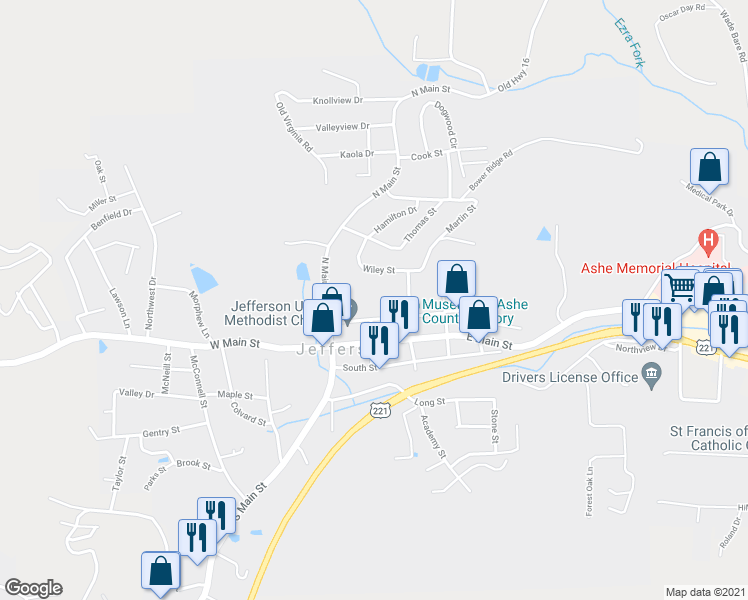 map of restaurants, bars, coffee shops, grocery stores, and more near 125 Court Street in Jefferson
