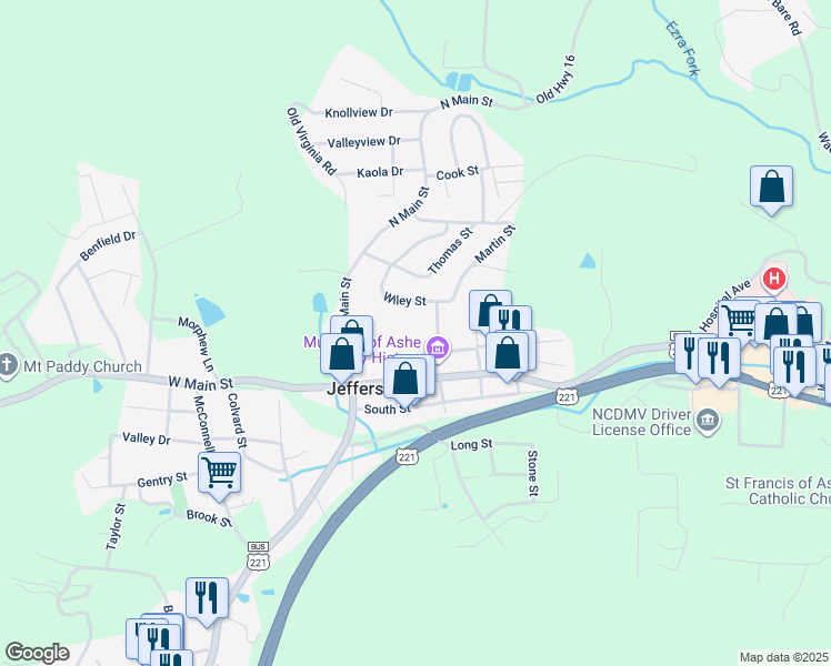 map of restaurants, bars, coffee shops, grocery stores, and more near 209 Jefferson Woods Road in Jefferson