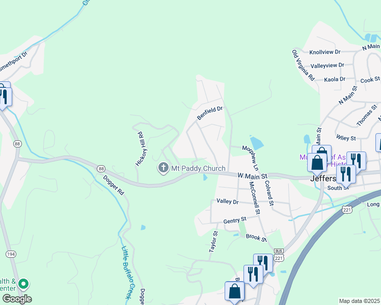 map of restaurants, bars, coffee shops, grocery stores, and more near McNeill Hill Road in Jefferson