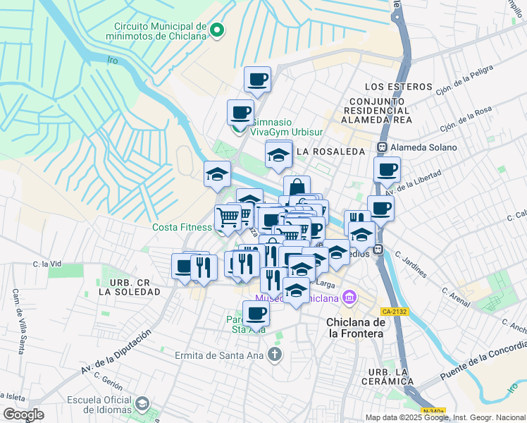 map of restaurants, bars, coffee shops, grocery stores, and more near Calle Cádiz in Chiclana de la Frontera